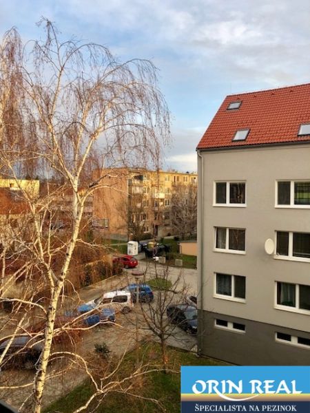 NA PRENÁJOM Pekný 2 izbový byt v Centre Pezinka 700,- EUR - Pohľad na Moyzesovu ulicu v Pezinku s budovami a vetvovým stromom pred 2-izbovým bytom.