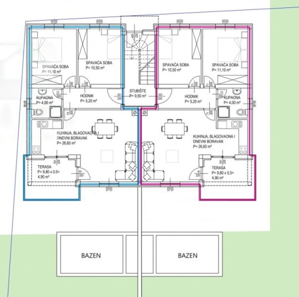 CHORVÁTSKO - 3 izbové apartmány PRIVLAKA, ZADAR - Pôdorys 3-izbového bytu s terasou, bazénom a schodiskom v strede dispozície.
