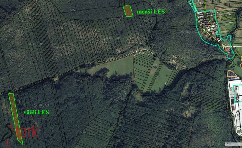Na predaj - LESY - Rajecká Lesná - Letecká mapa zobrazuje poľnohospodárske a lesné pozemky v oblasti Rajecká Lesná.