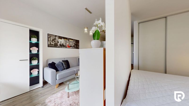 | Zariadený 1,5 izbový byt | 35m² | SLNEČNICE - Obývacia izba v 2-izbovom byte so sedacou súpravou a dekoratívnymi kvetináčmi.