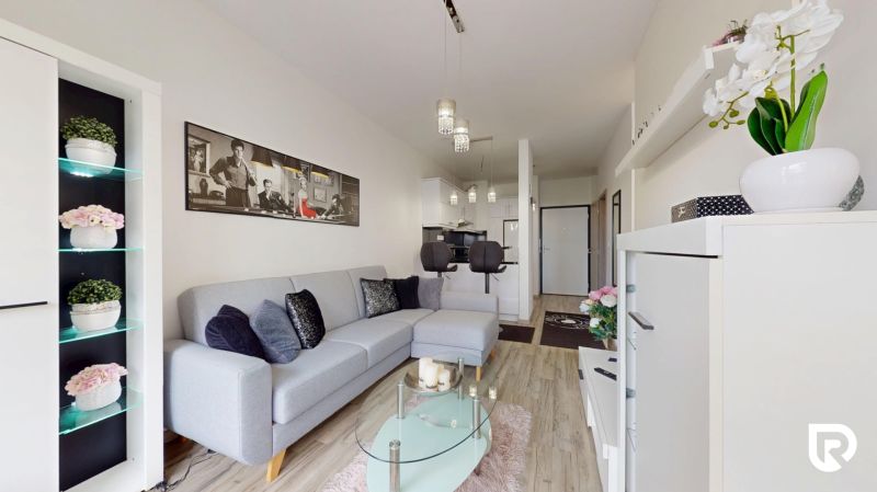 | Zariadený 1,5 izbový byt | 35m² | SLNEČNICE - Obývacia izba v 2-izbovom byte s pohovkou, kvetmi a moderným nábytkom.