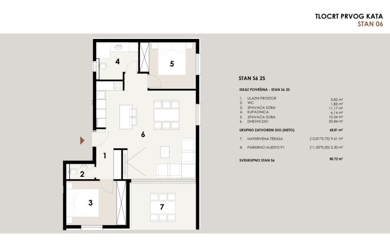 CHORVÁTSKO - Apartmány 60 m od mora - PRIVLAKA - Pôdorys 3-izbového bytu s terasou, kúpeľňou a parkovacím miestom.