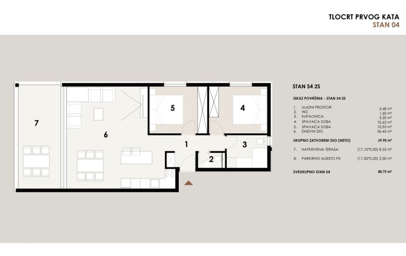 CHORVÁTSKO - Apartmány 60 m od mora - PRIVLAKA - Pôdorys 3-izbového bytu s dvoma spálňami, kúpeľňou a terasou.