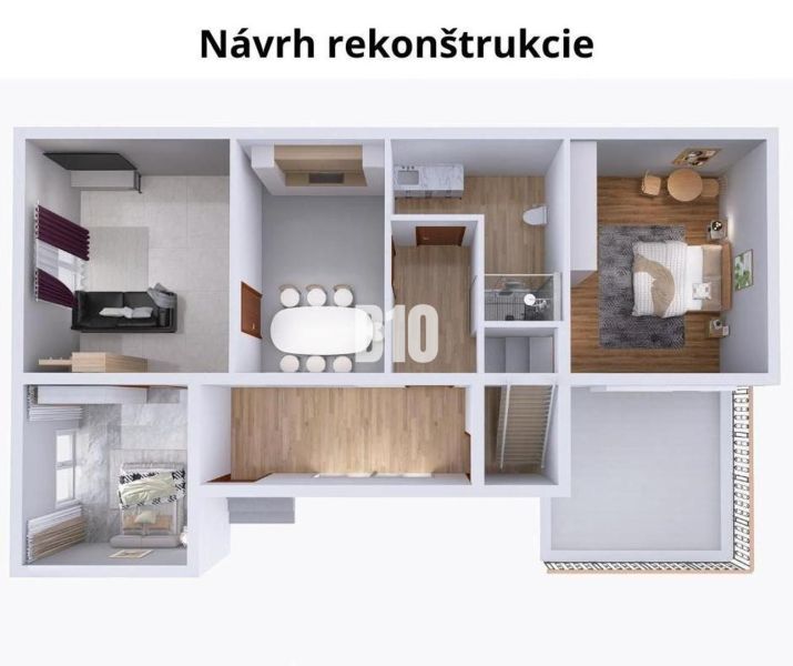 Útulný rodinný dom v príjemnej lokalite - Návrh rekonštrukcie rodinného domu so spálňou, kuchyňou a kúpeľňou s podlahou s dreveným dekorom.