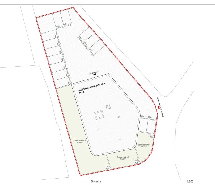 CHORVÁTSKO - Apartmány 140 m od pláže (3i) - VODICE - Stavebný plán s parkovacími miestami a zeleňou pre 3-izbový byt v meste Vodice.