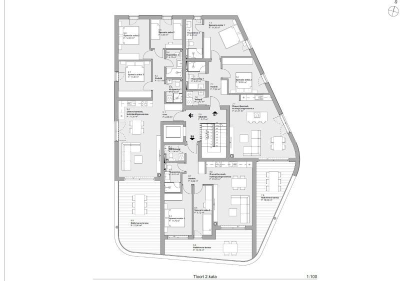 CHORVÁTSKO - Apartmány 140 m od pláže (3i) - VODICE - Návrh 3-izbového bytu ukazuje usporiadanie miestností a priestranné terasy.