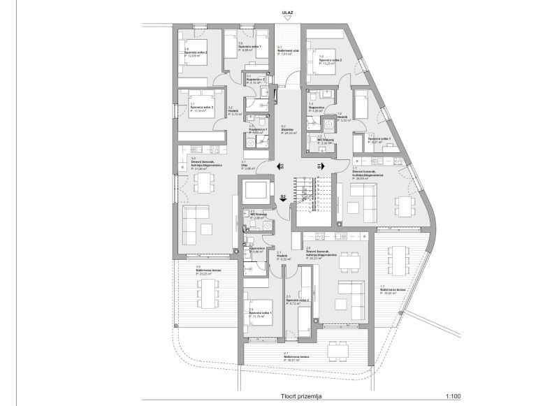 CHORVÁTSKO - Apartmány 140 m od pláže (3i) - VODICE - Pôdorys 3-izbového bytu s označením izieb a terás.