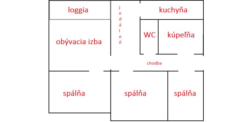 NA PREDAJ 4-izb. byt s loggiou, Nám. sv. Martina, LIPANY - Pôdorys 4-izbového bytu zahŕňa obývaciu izbu, kuchyňu, tri spálne, kúpeľňu.