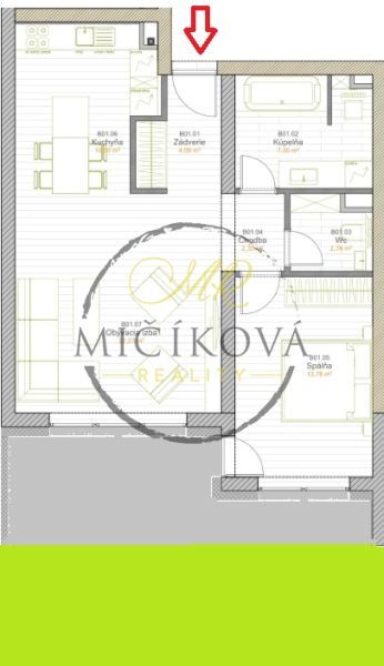 PRENÁJOM 2 izbový, nadštandardný byt-terasa,záhrada,2x parking GALANTA - Pôdorys 2-izbového bytu. Ukazuje dispozíciu kuchyne, obývačky a spálne.