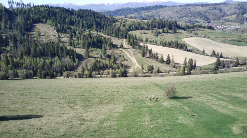 Čierny Balog – 2.730 INVESTIČNÝ pozemok v podiele 1/1 - Poľnohospodárske a lesné pozemky v Čiernom Balogu s kopcami, lesmi a cestou v krajine.