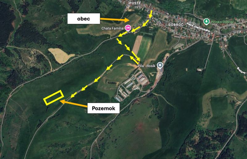 Čierny Balog – 2.730 INVESTIČNÝ pozemok v podiele 1/1 - Letecký pohľad na poľnohospodárske a lesné pozemky v Čiernom Balogu s označením trasy.
