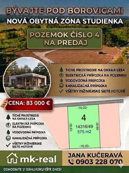 Stavebný pozemok na predaj - Studienka - Predaj pozemku číslo 4 na okraji Studienky, Pod Borovicou, pre bývanie.