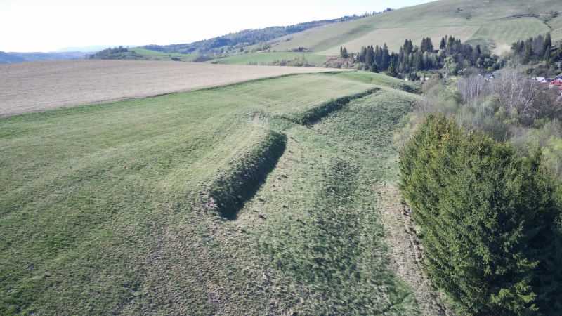 Čierny Balog – 338 m2 POĽNOHOSPODÁRSKY pozemok v 1/1 - Zelené poľnohospodárske a lesné pozemky v Čiernom Balogu s kopcovitou krajinou a stromami.