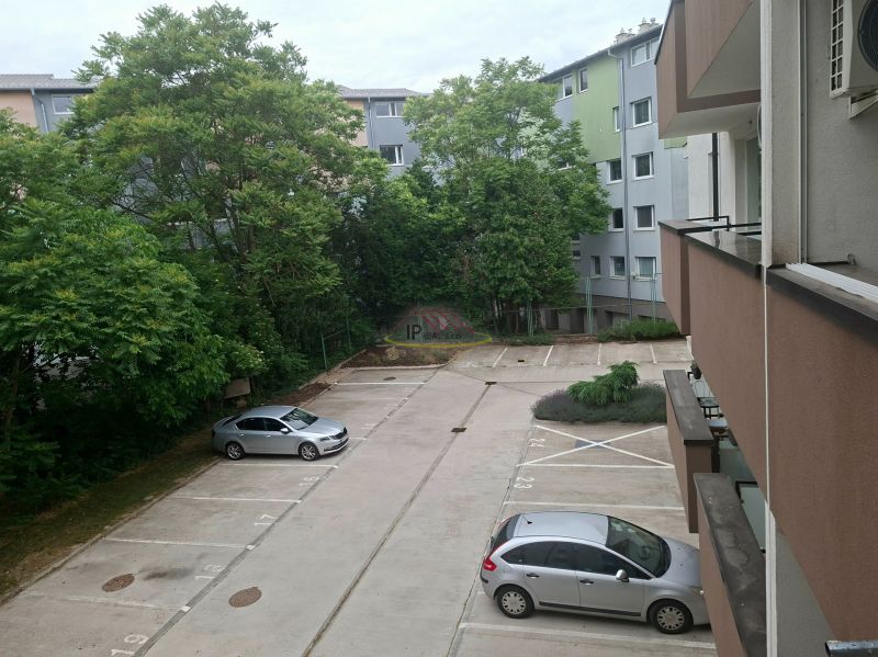Priestranná garzónka s balkónom v novostavbe. - Parkovisko na Športovej ulici v Dunajskej Lužnej s autami a zeleňou v pozadí.