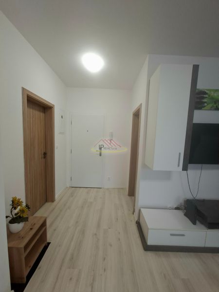 Priestranná garzónka s balkónom v novostavbe. - Chodba s bielymi stenami, podlahou s dreveným dekorom a skriňou v garsónke.