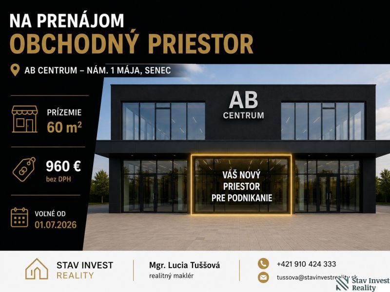Obchodný priestor v centre Senca  na prenájom - Obchodné priestory na prenájom v AB Centrum, nám. 1. mája, Senec, s výmerou 60 m².