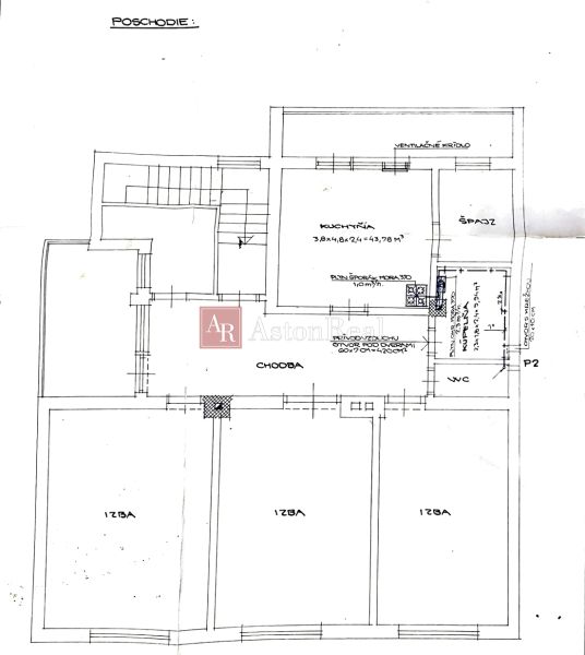RODINNÝ DOM, pozemok 520m2, centrum BANSKEJ BYSTRICE, cena v RK - Pôdorys rodinného domu obsahuje kuchyňu, izby, chodbu a WC na poschodí.
