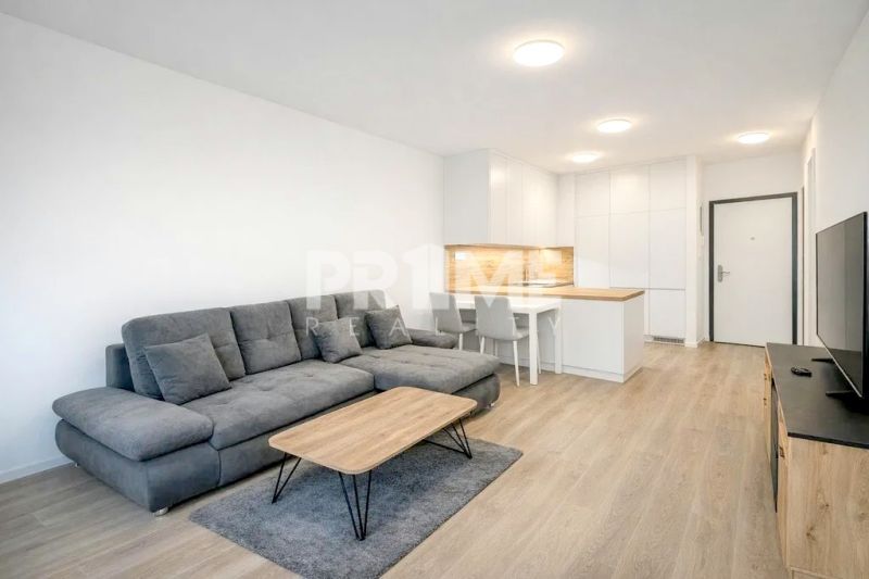 U NÁS !!! MODERNÝ 2i,NOVOSTAVBA, LOGGIA, Slnečnice UNIQ, Fialova ulica - Obývacia izba v 2-izbovom byte, sivá sedačka, televízia a podlaha s dreveným dekorom.