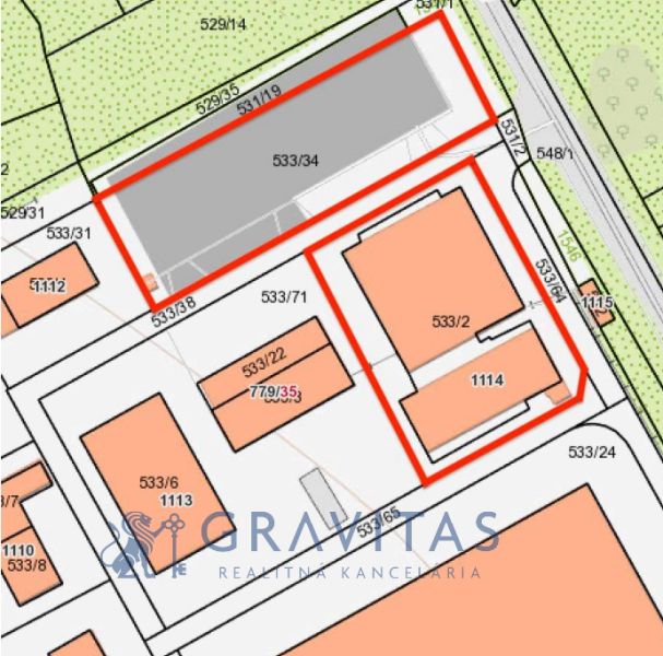 FORVIN TOWER - Predaj administratívnej budovy, Veľký Krtíš - Mapa ukazuje zvláštne nehnuteľnosti na ulici Liaz s grafickými prvkami a číslami parciel.
