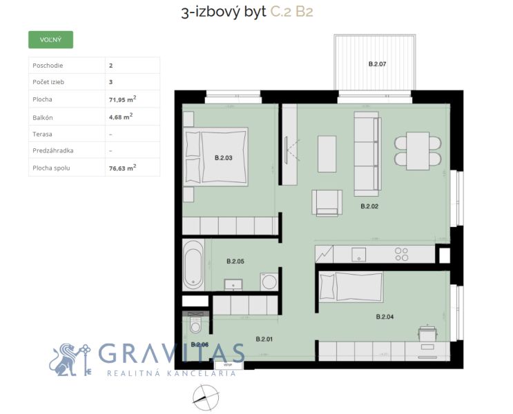 Na predaj 3-izbový byt s balkónom - B2 - Podlažie plánu ukazuje premyslený 3-izbový byt s balkónom o výmere 4,68 m².