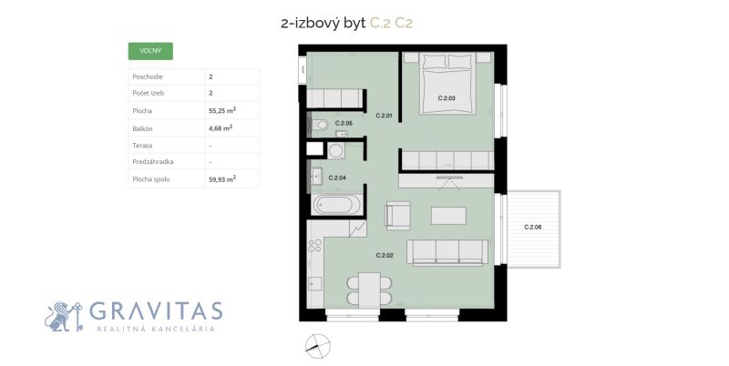 Na predaj 2-izbový byt s balkónom C2 - Pôdorys zobrazuje 2-izbový byt na druhom poschodí s balkónom o výmere 4,68 m².