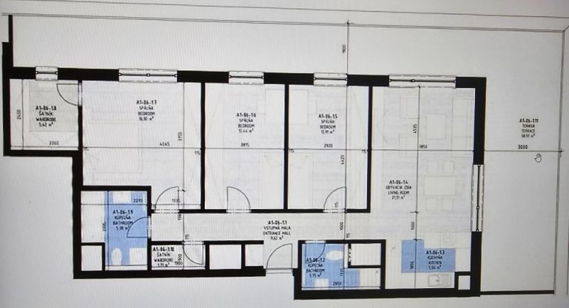 4 izbový byt 150 m2 novostavba Petržalka v Slnečniciach  s terasou, 2x - Pôdorys 4-izbového bytu so spálňami, obývačkou, kúpeľňou a terasou.