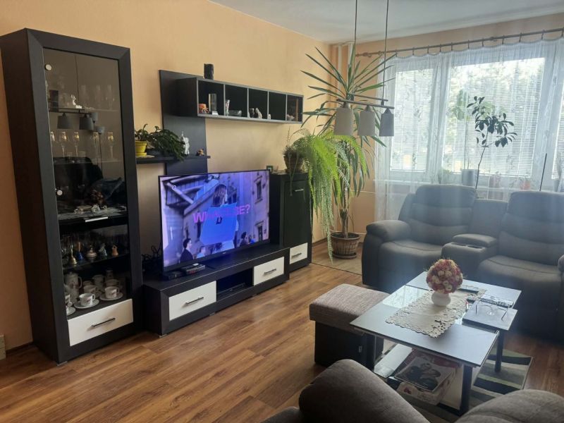 3 izbový byt 75m2, ul.Bruselská, Košice- Ťahanovce - Obývačka s pohovkou, televízorom a podlahou s dreveným dekorom v 3-izbovom byte.