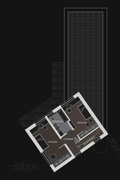 Predaj LUXUSNÁ VILA v prémiovej lokalite Myslava – Villa Park - Pôdorys rodinného domu s dvomi spálňami, kúpeľňou a chodbou s podlahou s dreveným dekorom.