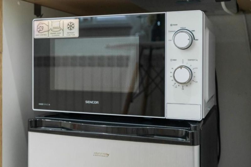 Moderný apartmán v centre Rajeckých Teplíc rovno oproti kúpeľom Afrodi - Mikrovlnná rúra v rekreačnom apartmáne na podlahe s dreveným dekorom.