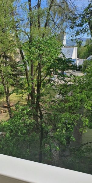 Nadštandardný, dômyselne zariadený 3-izbový byt  - PREDAJ. - Výhľad na park so stromami z 3-izbového bytu na ulici Antona Bernoláka v Žiline.
