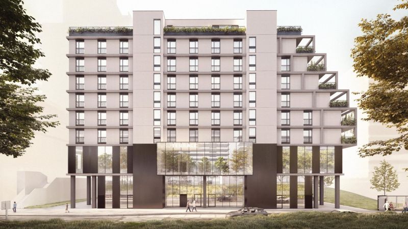 Prenájom nový 2-izbový byt -49m² Žilina-Vlčince, EUROTERRACE - Pohľad na bytový dom v Žiline s 2-izbovými bytmi a terasami.
