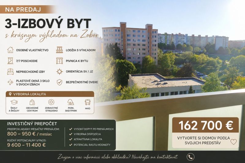 ✨VÝNIMOČNÝ 3-IZBOVÝ BYT S PANORAMATICKÝM VÝHĽADOM NA ZOBOR ✨ - Predaj 3-izbového bytu na Zvolenskej ulici v Nitre s výhľadom na Zobor.
