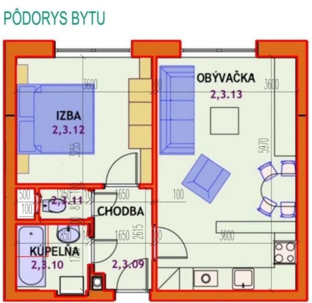 Prenájom 1,5-izbového bytu – Nitra, Jelenecká ulica - Pôdorys 1-izbového bytu s priestrannou obývačkou a samostatnou izbou.