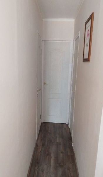 Mobilný celoročný drevodom – novostavba - Úzky chodba s podlahou s dreveným dekorom a maľbou na stene. Zvláštne nehnuteľnosti.