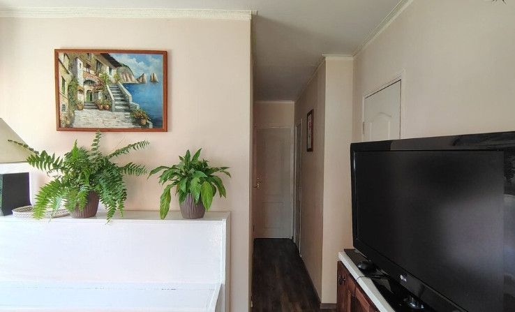 Mobilný celoročný drevodom – novostavba - Televízor, maľba, rastliny a podlaha s dreveným dekorom v priestore Zvláštne nehnuteľnosti.