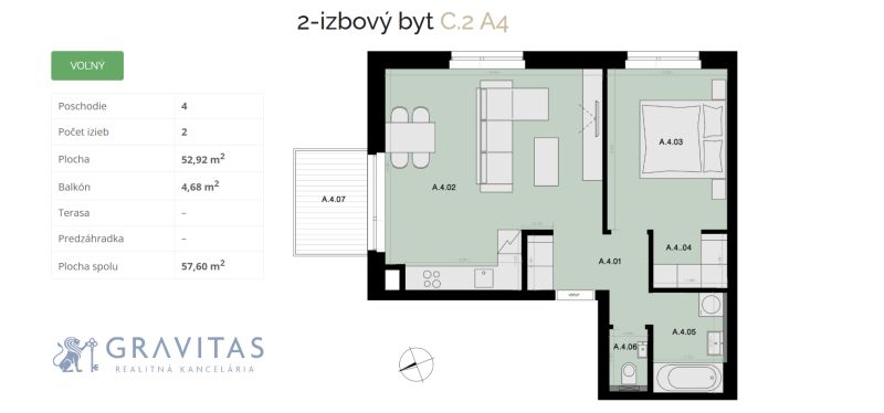 Na predaj 2-izbový byt s balkónom - A4 - Pôdorys zobrazuje 2-izbový byt so spojenou kuchyňou a obývačkou, a balkónom.