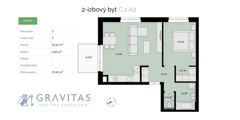  Na predaj 2-izbový byt s balkónom - A2 - Pôdorys znázorňuje 2-izbový byt s balkónom a výmerou 57,60 m².