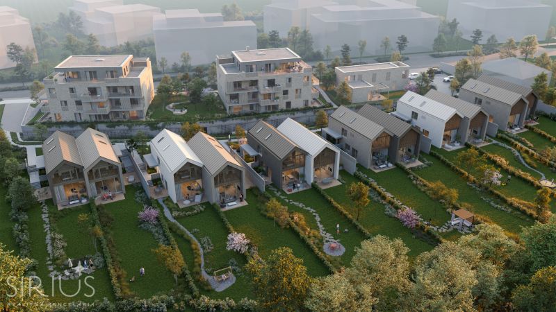 RIEVKY, 3-i byt, 92 m2 – EXKLUZÍVNE BÝVANIE PRI POTOKU A LESE - Vizualizácia radových domov a bytoviek na okraji Bratislavy, Pri Vápenickom potoku.