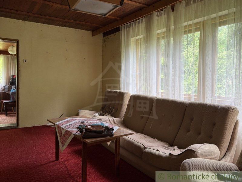 Chata na rekonštrukciu v lokalite Ružín - Bradan - Obývacia izba chaty s červeným kobercom a pohovkou, Košická Belá.