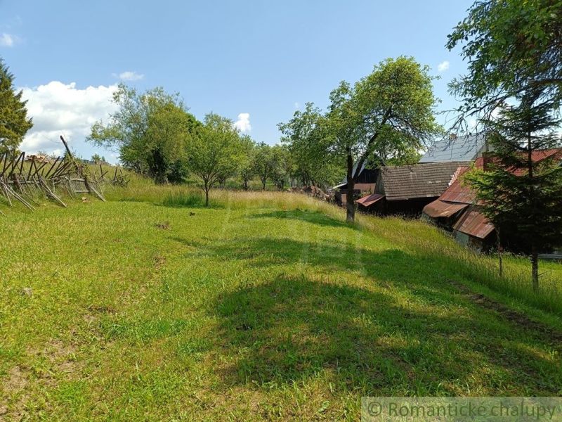 Pozemok s drevenicou na Kysuciach s krásnym výhľadom, Olešná - Letná atmosféra pri chate v Olešnej s trávnatým porastom a stromami.