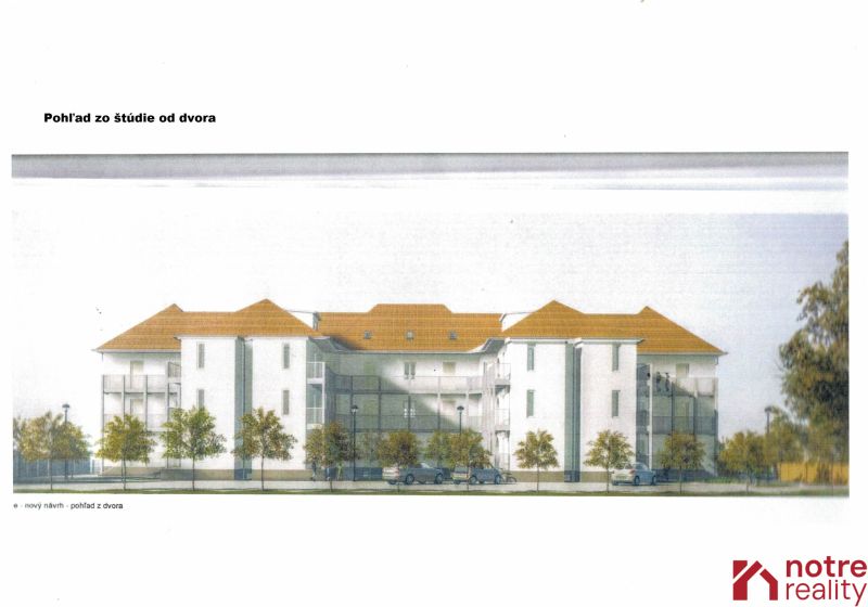 Jedinečná investičná príležitosť v Lučenci  - Vizualizácia budovy na Ulici Maxima Gorkého v Lučenci so stromami a parkovaním.