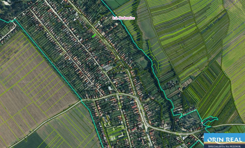 Na predaj starší rodinný dom v obci Budmerice 541m2 - Mapa katastrálneho územia Budmerice s detailmi parciel a ciest.