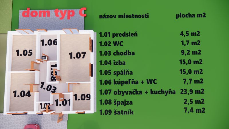 Projekt ČEREŠŇOVÁ ALEJ – 10 rod. domov/pozemk., Jelka - Pôdorys rodinného domu v Jelke s izbami a rozmermi na zelenom pozadí.