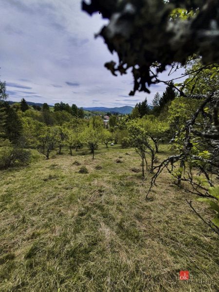 Na predaj pozemok 1898 m² - Horná Lehota, Nízke Tatry - Záhrady v Banskej Bystrici s výhľadom na zelené kopce a modrú oblohu.
