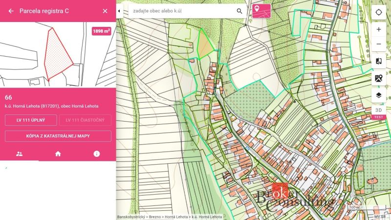 Na predaj pozemok 1898 m² - Horná Lehota, Nízke Tatry - Katastrálna mapa z Hornéj Lehoty s vyznačenou parcelou v rozlohe 1898 m².