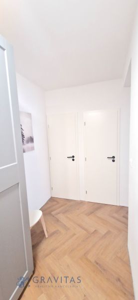 Prenájom 2 izb. bytu Račianske mýto, Bratislava - Biela chodba v 2-izbovom byte, podlaha s dreveným dekorom, umenie na stene.