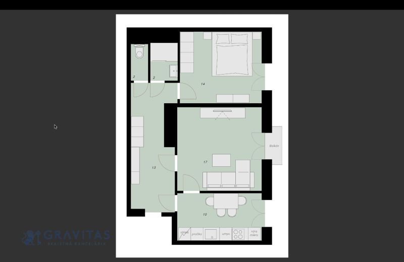 Prenájom 2 izb. bytu Račianske mýto, Bratislava - Pôdorys 2-izbového bytu s balkónom, obývačkou a kuchyňou.