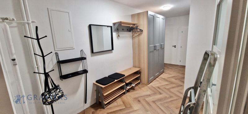 Prenájom 2 izb. bytu Račianske mýto, Bratislava - Vstupná chodba v 2-izbovom byte s podlahou s dreveným dekorom a úložným priestorom.
