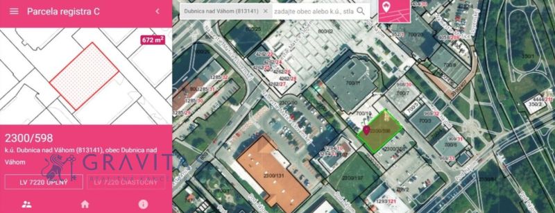 Prenájom obchodných / kancelárskych priestorov v OC FIX - Mapa s vyznačenou parcelou 2300/598 v Dubnici nad Váhom na Nám. Matice slovenskej.