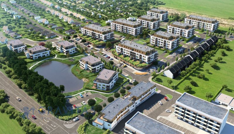 POSLEDNÝ VOĽNÝ BYT! Na predaj 3-izb.byt, Nová Tehelňa-Senec - Letecký pohľad na bytový komplex, parkovisko a jazierko, vhodný pre 3-izbový byt.